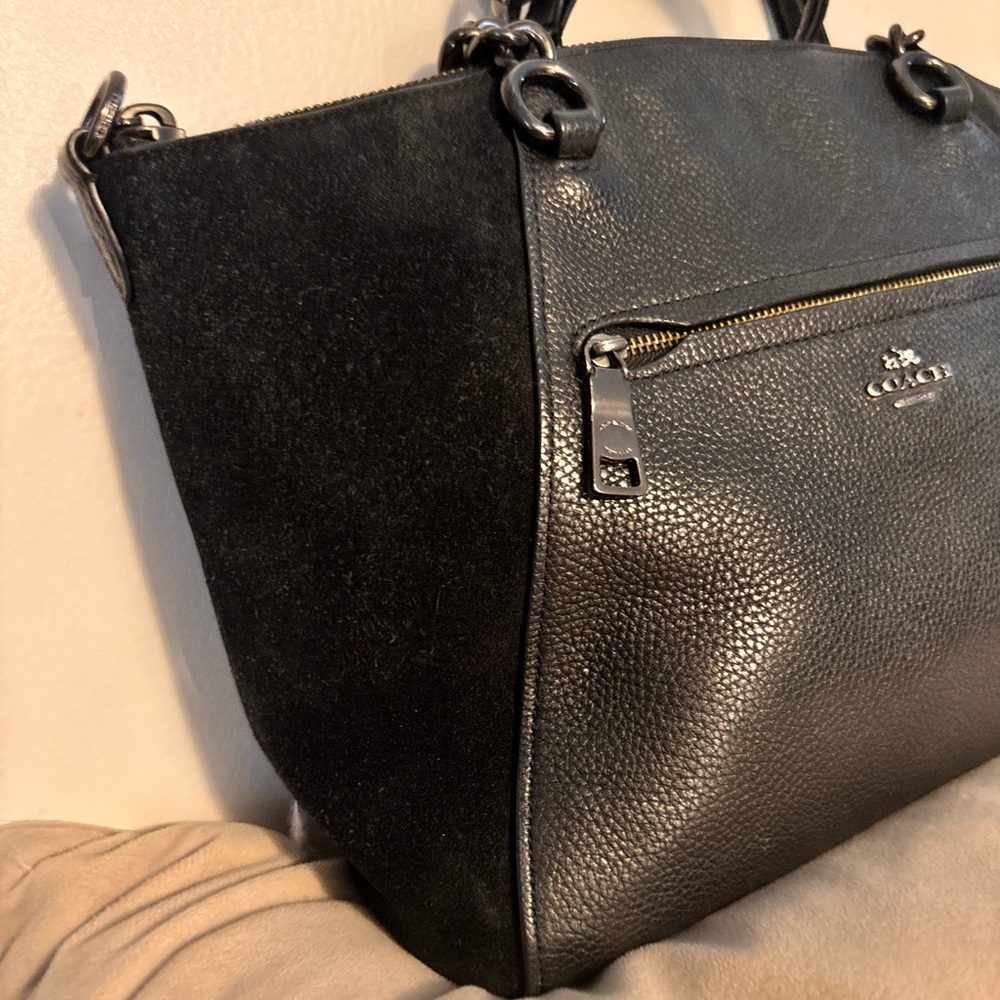 COACH Chain Prairie Black Pebbled Leather & Suede Satchel EUC - Picture 3 of 15